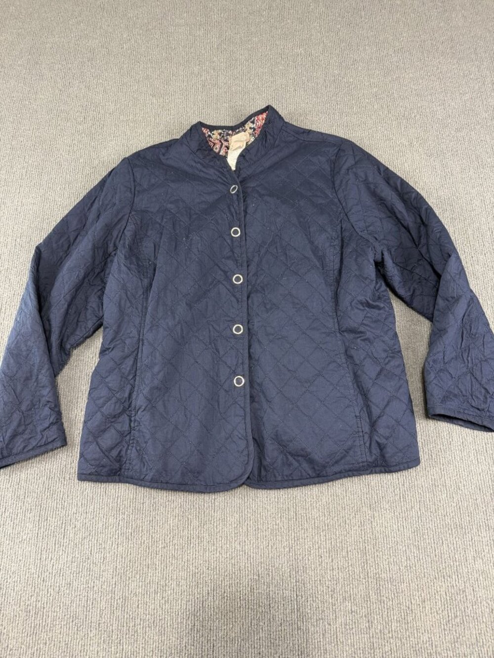 Chico's Navy Blue Paisley Diamond Quilted Snap-Front Lined Jacket 3